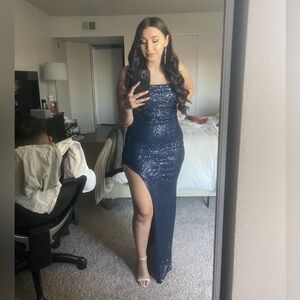 Windsor Navy Sequin Strapless High-Slit Gown